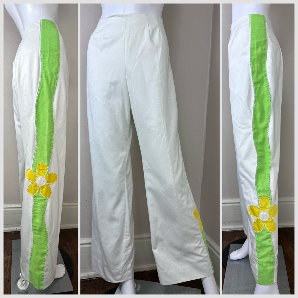 Vintage 1960s/70s White Flower Pants, Size S/M, Straight Leg, High Rise Back Zip